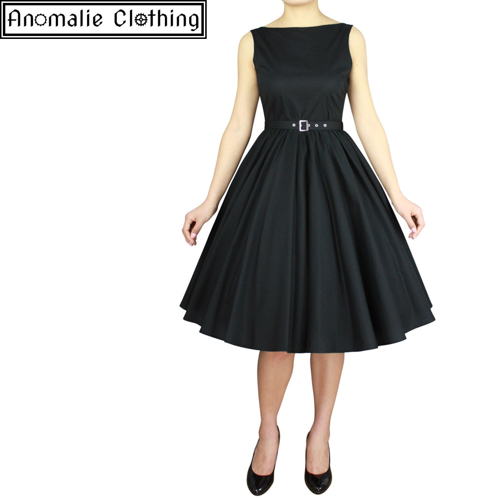 Sleeveless Belted Swing Dress in Black
