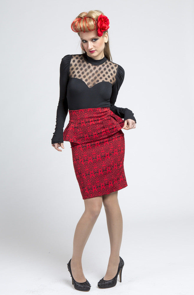 Red Sugar Skull Peplum Skirt - One Size 8 Left!