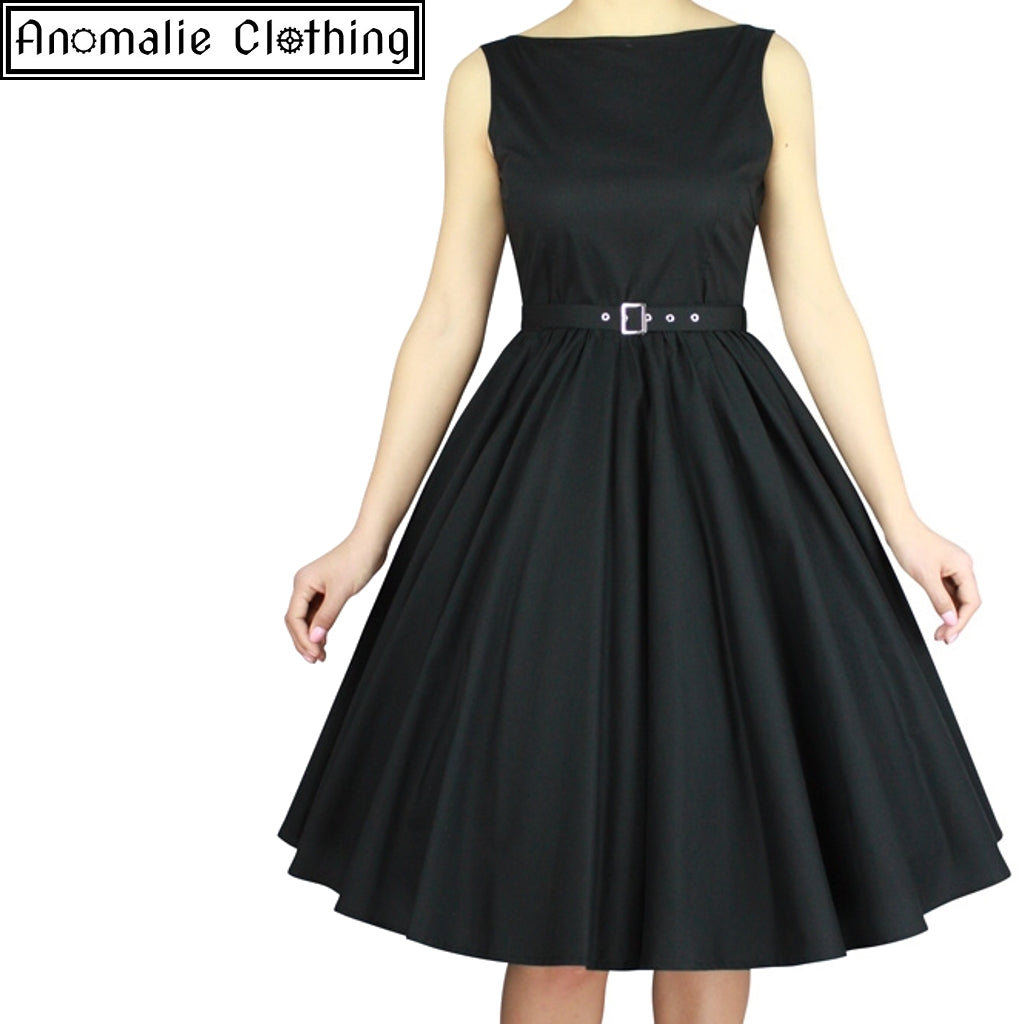Sleeveless Belted Swing Dress in Black