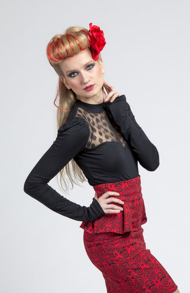 Red Sugar Skull Peplum Skirt - One Size 8 Left!