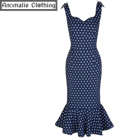 Ariel Wiggle Dress in Navy Blue with White Polka Dots