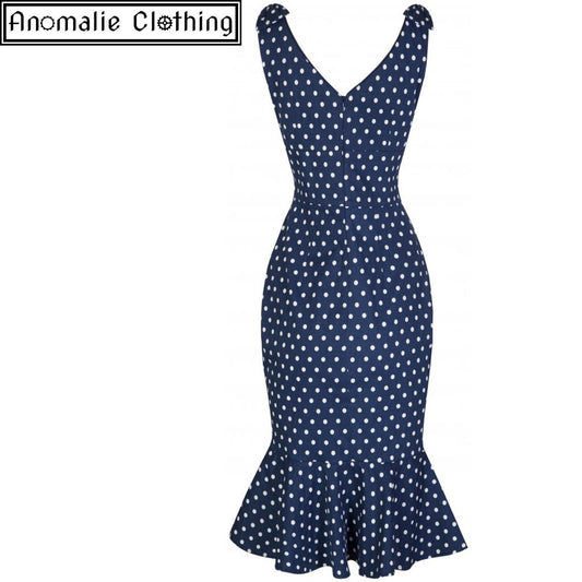 Ariel Wiggle Dress in Navy Blue with White Polka Dots