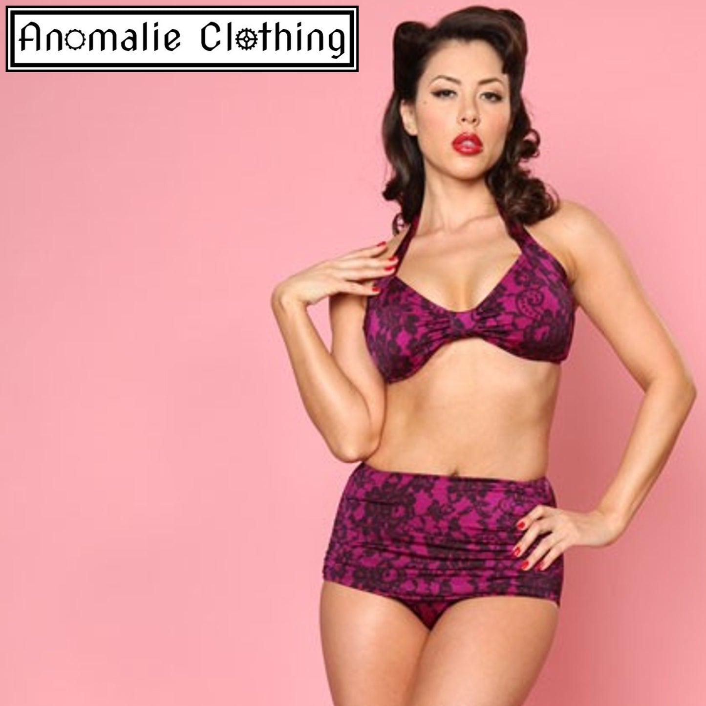 Magenta & Black Lace Bikini Top Only