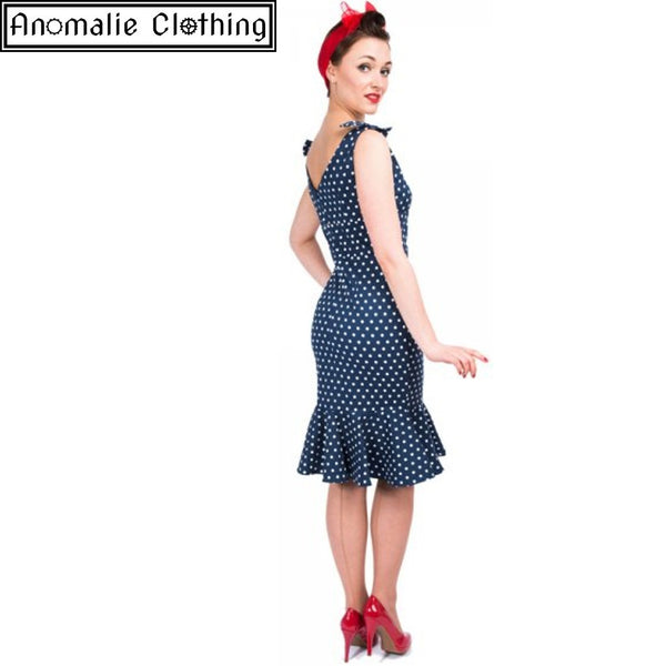 Ariel Wiggle Dress in Navy Blue with White Polka Dots