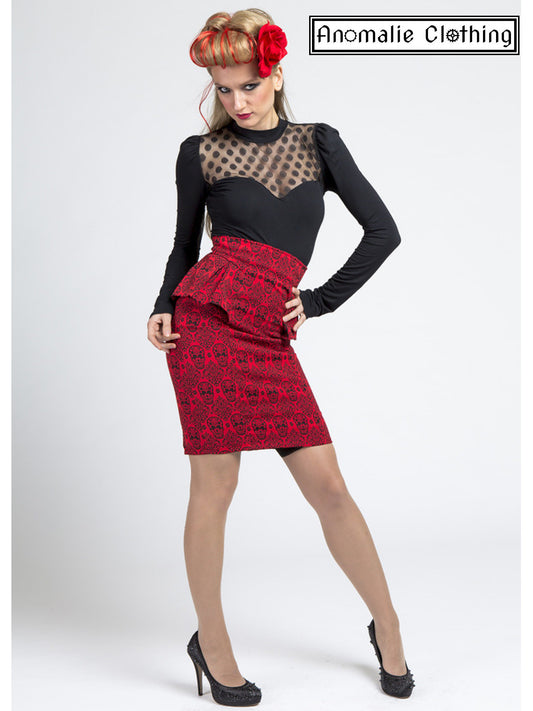 Red Sugar Skull Peplum Skirt - One Size 8 Left!