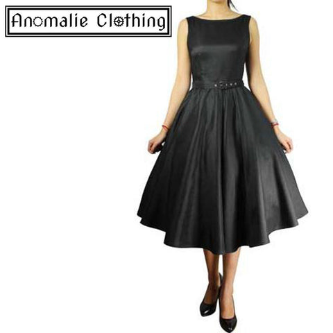 Black Satin Sleeveless Belted Swing Dress - One Size 36 (AU 8) Left!