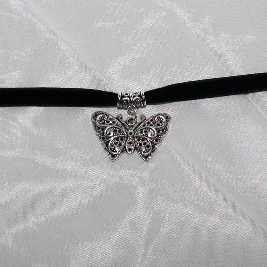 Silver Filigree Butterfly Pendant on Burgundy Velvet Choker