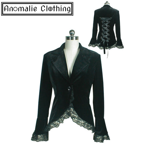 Gothic Lace Trim Corset Velvet Jacket in Black - One Size 40 (AU 12) Left!