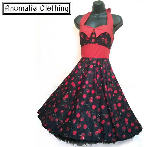Black & Red Cherry Print Ashley Dress