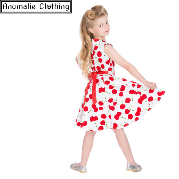 White Cherry Print Kids Swing Dress - 1 Size Age 3-4 Left!