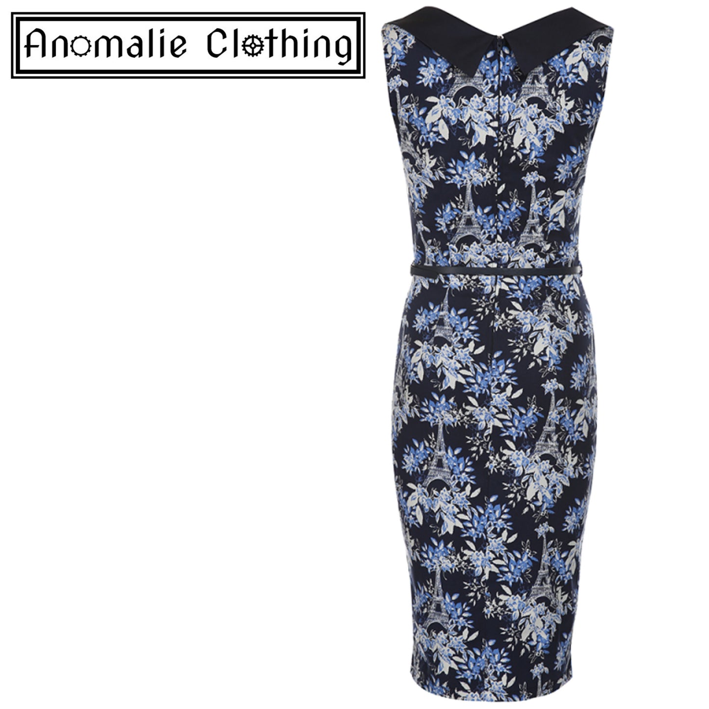 Vanessa Wiggle Dress in Navy Blue Eiffel Print
