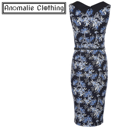 Vanessa Wiggle Dress in Navy Blue Eiffel Print