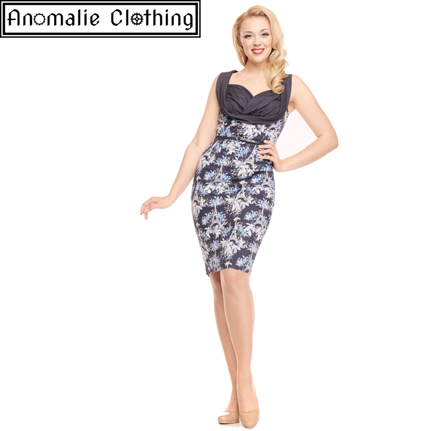 Vanessa Wiggle Dress in Navy Blue Eiffel Print