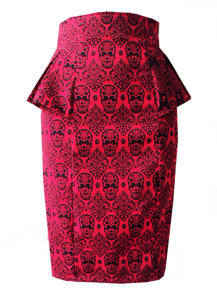Red Sugar Skull Peplum Skirt - One Size 8 Left!