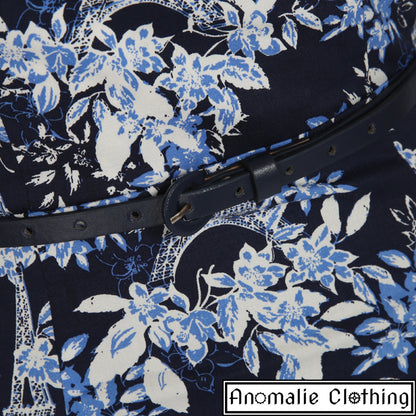 Vanessa Wiggle Dress in Navy Blue Eiffel Print
