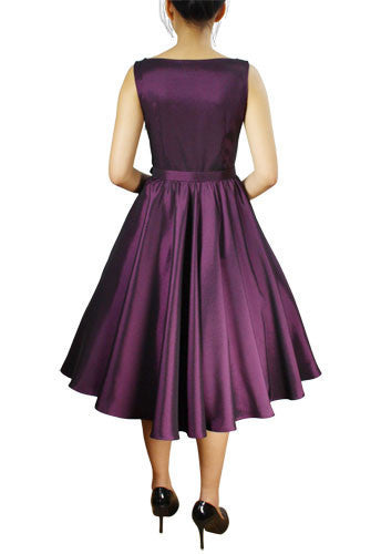 Purple Satin Sleeveless Belted Swing Dress