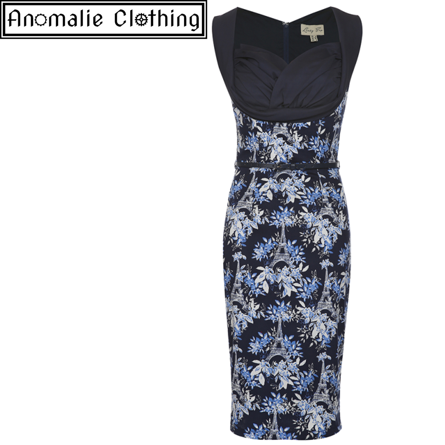 Vanessa Wiggle Dress in Navy Blue Eiffel Print