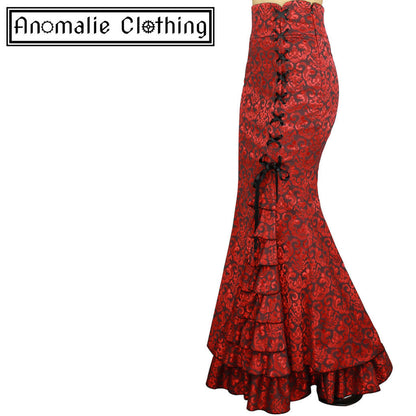 Red Jacquard Laces and Ruffles Fishtail Skirt