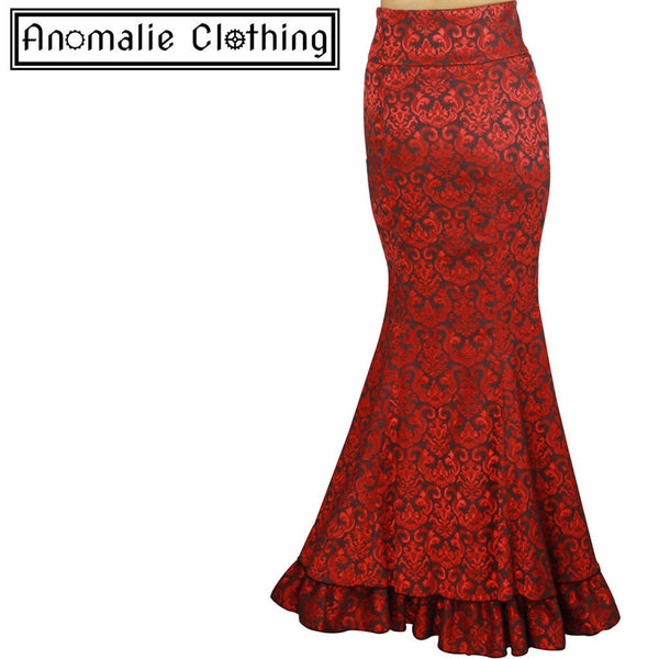 Red Jacquard Laces and Ruffles Fishtail Skirt
