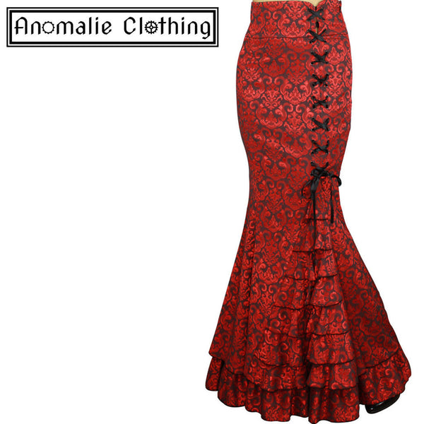 Red Jacquard Laces and Ruffles Fishtail Skirt