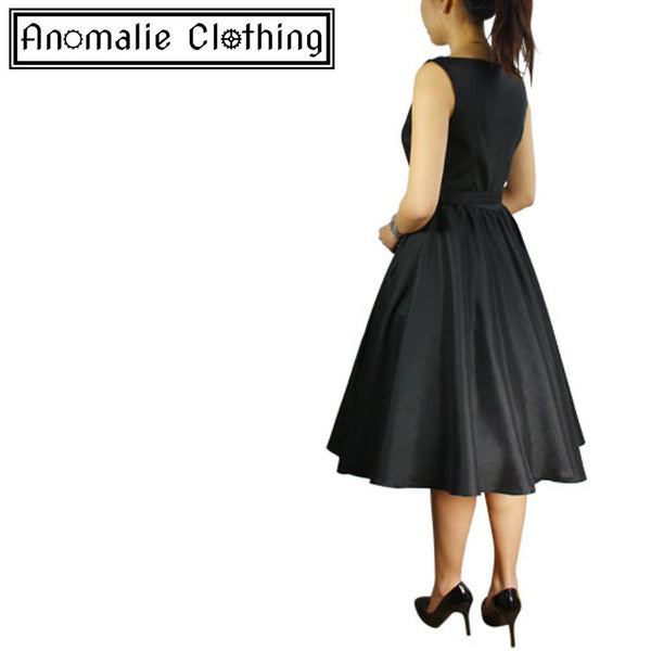 Black Satin Sleeveless Belted Swing Dress - One Size 36 (AU 8) Left!