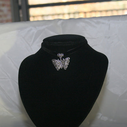 Silver Filigree Butterfly Pendant on Burgundy Velvet Choker
