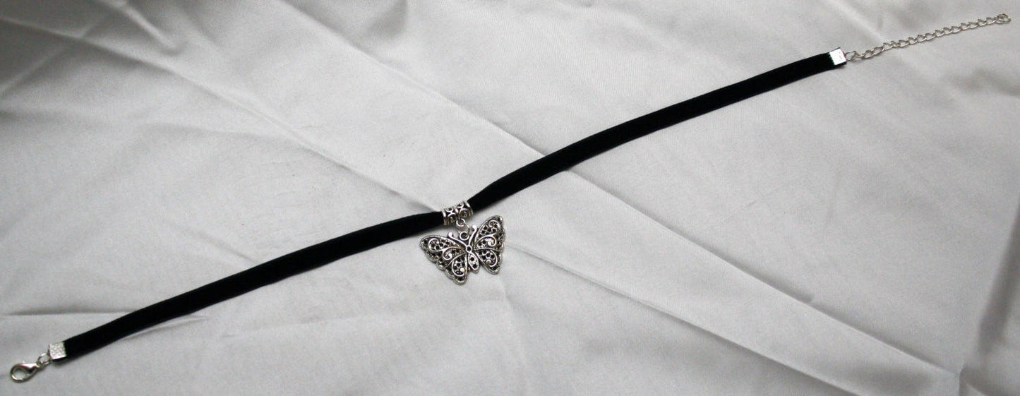 Silver Filigree Butterfly Pendant on Burgundy Velvet Choker