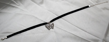 Silver Filigree Butterfly Pendant on Burgundy Velvet Choker