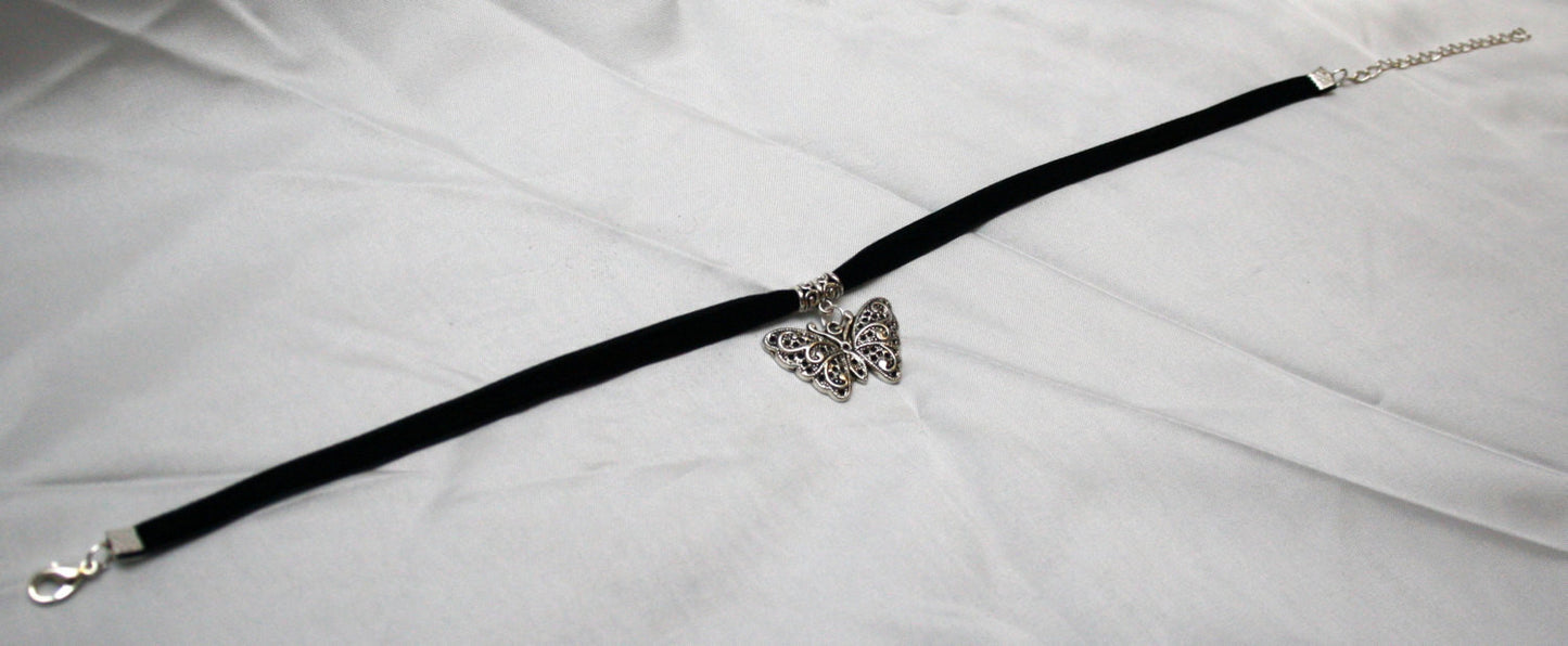 Silver Filigree Butterfly Pendant on Burgundy Velvet Choker