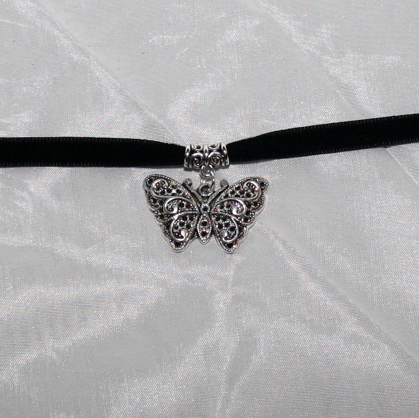 Silver Filigree Butterfly Pendant on Burgundy Velvet Choker